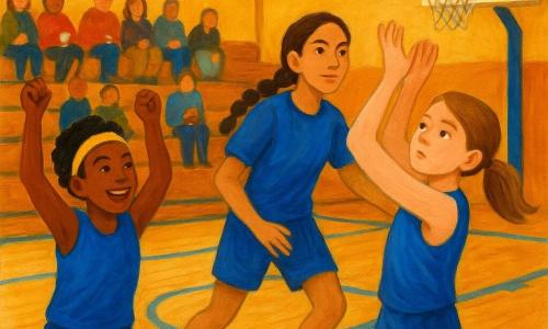 Three girls play basketball in a warm-toned school gym: Maya, about 11, fair skin, light-brown ponytail, blue jersey and slightly worn white sneakers, is foreground right jumping to shoot with a concentrated face and soft-shot hands; Zoe, about 11, tan skin, short black hair, blue jersey and bright headband, is left slightly ahead cheering with raised arms and a teasing smile; Lina, about 12, tall and slim with olive skin and a braided brown hair, wears a blue jersey with rolled sleeves and is behind Maya moving for the rebound with a calm, stable posture; the shiny parquet floor has pale-blue court lines, metal hoops with a white backboard target square, bleachers filled with parents in colorful coats holding coffee, hanging lights cast soft light and painted shadows, the ball arcs toward the hoop in a lively, supportive mini-tournament scene with visible thick textures and brushstrokes enhancing the energy.