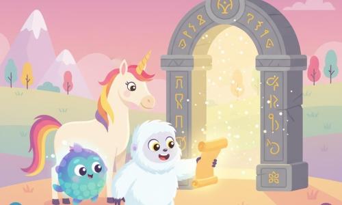 A fluffy young white Yeti with bright round eyes and a joyful, amazed expression reaches toward a glowing golden scroll while standing on a mossy stone; nearby floats Whisper, a small iridescent blue-green scaled creature with big curious eyes and a soft glow, looking at the scroll; a cream-coated unicorn with a rainbow mane stands protectively behind, head inclined toward the scroll; behind them an ancient gray stone portal carved with golden symbols opens, emitting warm golden light and sparkling particles over a rolling pastel grassland with simple colorful trees and a pink-purple twilight sky with crystal-like mountains—main scene: the Yeti activates the scroll, its light illuminating the portal, creating a magical, wondrous, hopeful mood; style: crisp shapes, flat contrasting colors, soft outlines, centered child-friendly composition.