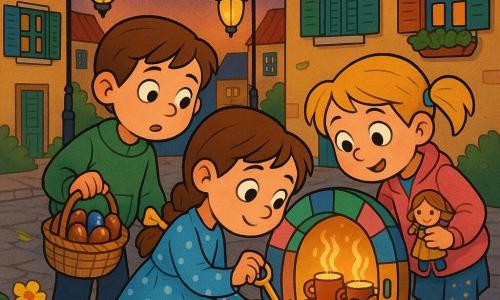 Three children — Mia, an 8-year-old girl with braided brown hair tied with a yellow ribbon wearing a sky-blue polka-dot dress who holds a honey-colored key and stands slightly ahead; Tomas, an 8-year-old boy with short chestnut hair in a green sweater holding a wicker basket of shiny chocolate eggs to Mia’s left with an amazed look; and Zoe, an 8-year-old girl with blonde pigtails in a pink jacket holding a small wooden doll and a starry paper in her pocket to Mia’s right, leaning to peer inside — stand on a cobbled village square at dusk with wrought-iron lampposts and low houses with colorful shutters in front of a round wooden patchwork door painted in blue, pink, green and gold; they open it to reveal warm cacao-and-marigold light and a low table with steaming cups of chocolate and glitter-wrapped eggs, creating a soft, curious, magical atmosphere with saturated colors, paper-like textures and drifting leaves.