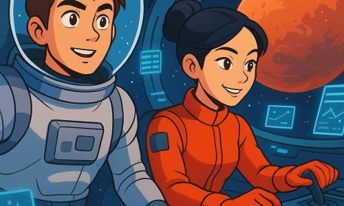 Commander Elias Rowan floats in space with a determined and curious look, wearing a silver spacesuit and a transparent helmet that reflects the stars. His tousled brown hair and the excitement in his eyes add to the scene. Next to him, pilot Jin Park, around 30 years old with her hair in a bun and a mischievous smile, adjusts the controls of their spacecraft. She wears a bright red pilot suit, contrasting with Elias's silver outfit. The ship, Horizon, orbits Mars, with the majestic red planet visible through the window, showcasing breathtaking red sand dunes and dust storms. The main scene depicts Elias and Jin preparing to land on Mars, surrounded by glowing control panels and floating holographic graphics, exuding a sense of adventure and discovery.