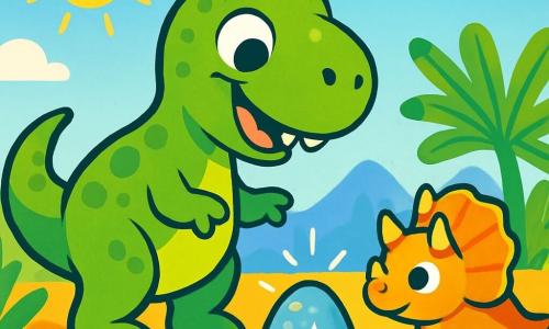 Een blije Tyrannosaurus Rex met glanzende groene schubben en grote ronde ogen staat in een zonnig landschap, verwonderd kijkend naar een fonkelende steen. In de buurt kijkt een kleine herbivore dinosaurus, een Triceratops met kleurrijke hoorns, nieuwsgierig naar Tino terwijl hij op een kleine aardheuvel staat. Het decor is een uitgestrekte prehistorische vlakte, bezaaid met reusachtige varens en verre bergen onder een stralende blauwe lucht. De scène toont Tino, de Tyrannosaurus, die zich naar de glanzende steen beweegt, klaar om zijn magische geheim te ontdekken.