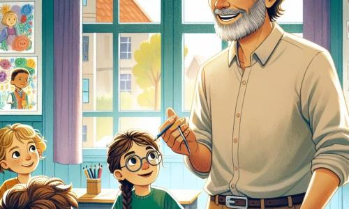 Een middelbare man, meneer Jansen, staat in het midden van de afbeelding, met grijs haar en een warme glimlach. Zijn ogen stralen emotie uit terwijl hij een verhaal vertelt aan de kinderen, met zijn handen enthousiast gebarend. Hij draagt een eenvoudige shirt en beige broek, wat een aura van wijsheid en vriendelijkheid uitstraalt. Rechts van hem zit een meisje van ongeveer 10 jaar, Sophie, met gevlochten bruin haar en ronde brillen, die aandachtig luistert met nieuwsgierige ogen. Ze houdt een notitieboekje in haar handen, klaar om aantekeningen te maken. Links van hem zit een jongen genaamd Sam, 9 jaar oud, met rommelig blond haar en een kleurrijk t-shirt, die enthousiast zijn hand opsteekt om een vraag te stellen. De scène speelt zich af in een lichte klas, met muren versierd met kindertekeningen en ramen die zonlicht binnenlaten. Houten bureaus zijn in een halve cirkel geplaatst, wat een warme en gastvrije sfeer creëert. Meneer Jansen deelt verhalen over oorlog en vrede, waarbij hij de aandacht van de kinderen die om hem heen zitten, vasthoudt. De afbeelding straalt een sfeer van leren en empathie uit, wat het belang van begrip en solidariteit illustreert.
