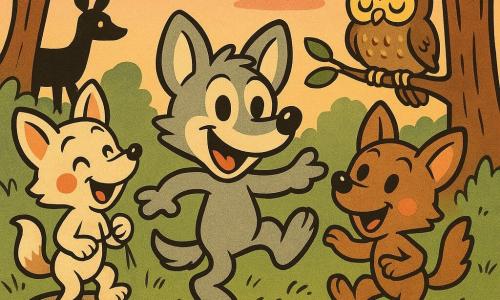 Wolli, ein frecher kleiner Wolf mit weichem grauem Fell, großen runden Ohren und glänzenden Augen, lacht breit und springt drehend mit erhobener Pfote; Lilli, eine verspielte kleine Wölfin mit cremefarbenem Fell und rötlichen Backenflecken, steht links auf einem niedrigen Felsen und winkt lachend mit einem Grashalm; Max, der neugierige kleine Wolf mit hellbraunem Fell, springt rechts hinter Wolli wie ein Hase; der alte Uhu, rund und weise mit gesprenkeltem braunem Gefieder und halbgeschlossenen gelben Augen, sitzt auf einem Ast im Hintergrund und lauscht; weitere Tiere als fröhliche Silhouetten: applaudierende Eichhörnchen, Frösche am Ufer, Pferdehirschartige, die nickend im Halbkreis um die Wölfe stehen; Lichtung im Wald bei Dämmerung mit hügeligem grünem Gras, roten Pilzen mit weißen Punkten, einem Teich, der den rosa-orangen Himmel spiegelt, stilisierten Kiefernstämmen und tropfenförmigen Blättern; Hauptszene: drei Wolfsgeschwister singen und tanzen im Kreis, festliche, verspielte Stimmung mit übertriebenen Bewegungen, sehr ausdrucksstarken Mienen, warmen kontrastreichen Farben und dicken schwarzen Konturen im Retro-Stil.