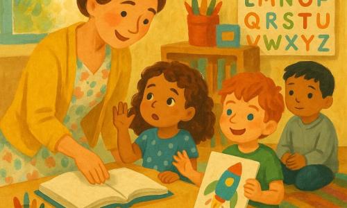 A kind smiling female teacher with chestnut hair in a soft bun kneels by a table showing how to gently turn the pages of a large rounded-corner book; Lily, about 5, with curly brown hair in a blue polka-dot dress raises her hand in wonder, Sammy, about 6, with messy red hair and a green t-shirt sits beside her holding a drawing of a colorful rocket and grinning, and Tommy, about 5, with short black hair and a gray sweatshirt sits a little back on the log-patterned rug with hands clasped, shy but attentive; the small sunny classroom has large windows, wooden shelves of books, jars of crayons and boxes of chalk, alphabet posters, and the scene is a warm, peaceful moment of the teacher showing how to care for books while the children draw and listen, rendered with soft gouache strokes and warm, textured colors.