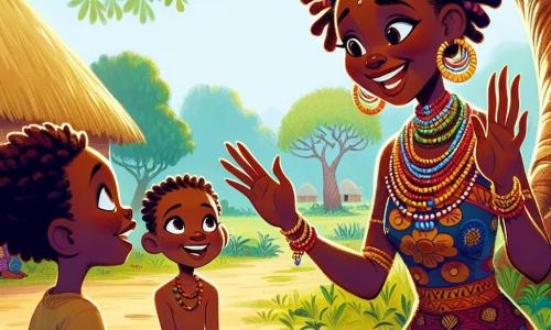 Amina, una donna di circa quarant'anni, si trova sotto un grande baobab maestoso, con un volto che irradia saggezza e benevolenza. Indossa un abito colorato con motivi africani vivaci e perline attorno al collo, sorridendo calorosamente mentre ascolta attentamente le storie degli abitanti del villaggio. Accanto a lei, un ragazzo di circa 10 anni, membro della famiglia Bantu, con capelli ricci e occhi brillanti, gesticola con entusiasmo parlando dell'importanza dell'acqua per la sua famiglia. Porta un pantaloncino leggero e una maglietta semplice, in piedi con le mani alzate come se volesse convincere tutti. Un po' più in là, una ragazza di circa 8 anni, membro della famiglia Zuri, con lunghe trecce decorate con perline colorate, ascolta con attenzione, seduta sull'erba con le gambe incrociate, guardando Amina con ammirazione. Il luogo è una radura soleggiata, circondata da vegetazione lussureggiante e fiori brillanti, con raggi di sole che filtrano attraverso le foglie del baobab, creando un'atmosfera calda e accogliente. La scena principale mostra Amina che, con un sorriso rassicurante, incoraggia le due famiglie a condividere le loro storie e a trovare insieme una soluzione per l'accesso all'acqua, illustrando così l'armonia e l'unità all'interno del villaggio.