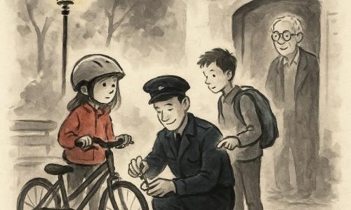 Agent Bram lacht en kijkt rustig terwijl hij gehurkt bij de ingang van een kleine bibliotheek in de schemer een kapot fietslampje repareert, zijn donkerblauwe politiejas aan en pet naast zich; een meisje van ongeveer 9 jaar met een te grote helm en rode jas staat links met haar fiets, een jongen van circa 10 jaar met lichtblauwe rugzak staat rechts en wijst naar het defect, en een oudere bibliothecaris met grijs haar en ronde bril staat in de deuropening met een lichte glimlach; natte kasseien, een warm geel straatlamplicht, een houten bank en donkere boomschetsen op de achtergrond creëren een veilige, vriendelijke en rustige sfeer.