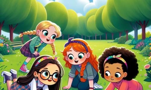 Al centro dell'immagine, quattro ragazze sono riunite attorno a un piccolo disco metallico scintillante trovato in un parco verde. **Mia**, 10 anni con lunghi capelli castani e occhiali rotondi, è accovacciata, toccando delicatamente il disco. **Lila**, 9 anni con capelli biondi in trecce e un sorriso radioso, sta in piedi accanto a Mia, indicando il disco con entusiasmo. **Sara**, 10 anni con capelli rossi e lentiggini, è seduta sull'erba con le gambe incrociate, disegnando simboli su un quaderno. **Nina**, 9 anni con capelli neri ricci e una fascia colorata, è in piedi dietro Sara, con le braccia incrociate, guardando il disco con aria intrigata. Il parco è pieno di alberi alti con foglie verdi, fiori colorati e un cielo blu con nuvole bianche. Le ragazze scoprono il misterioso disco, immaginando avventure intergalattiche, con i volti illuminati dall'eccitazione e dalla curiosità.