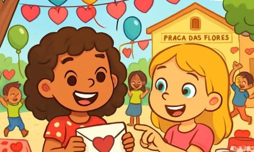 Há 2 personagens principais: Sofia, uma menina de 8 anos, com cabelos cacheados e castanhos, vestindo um vestido vermelho com bolinhas brancas, segurando uma carta em forma de coração e sorrindo; e Ana, também de 8 anos, com cabelos lisos e loiros, usando uma camiseta rosa e uma saia florida, apontando para a carta de Sofia com um olhar curioso e divertido. A cena acontece na praça da Vila das Flores, decorada para o Dia dos Namorados, com balões coloridos no ar, guirlandas de corações de papel penduradas nas árvores e mesas cheias de deliciosas guloseimas em forma de coração. A atmosfera é alegre e festiva, com pessoas dançando e rindo ao redor. Sofia e Ana estão no centro da praça, descobrindo uma carta misteriosa, cercadas por decorações coloridas e amigos se divertindo ao fundo sob um suave sol de inverno.