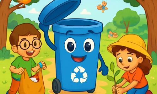 Un piccolo bidone per il riciclaggio sorridente, con grandi occhi scintillanti e un coperchio blu, si trova al centro di un parco verdeggiante, circondato da fiori colorati e alberi maestosi. È gioioso ed entusiasta, sollevando un coperchio come un cappello per salutare i bambini. Alla sua destra, una bambina dai capelli ricci, con un bel cappello giallo, sta piantando un giovane albero, con il viso che sprizza orgoglio e determinazione. Alla sua sinistra, un ragazzo con occhiali tondi, vestito con una maglietta verde, raccoglie rifiuti con un grande sorriso, mostrando il suo impegno per l'ambiente. Il parco è pieno di verde, con uccelli che cantano sugli alberi e farfalle colorate che svolazzano intorno ai fiori. In lontananza, famiglie si godono un picnic sull'erba, creando un'atmosfera gioiosa e conviviale. La scena principale mostra il bidone per il riciclaggio e i bambini che lavorano insieme per pulire il parco, illustrando l'importanza dell'ecologia e del lavoro di squadra per proteggere la natura.