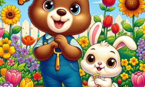 Bruno, un joven oso pardo de grandes ojos brillantes y pelaje suave, está de pie en medio de un jardín colorido, con una amplia sonrisa en su rostro, maravillado por la belleza de las flores que lo rodean. A su lado, Flora, una pequeña coneja de grandes orejas y pelaje crema, saltando alegremente, sostiene una pequeña pala y mira a Bruno con entusiasmo, compartiendo su pasión por la jardinería. El jardín está lleno de tulipanes brillantes, girasoles dorados y fresas rojas, bajo un cielo azul claro salpicado de nubes blancas esponjosas. La escena representa a Bruno y Flora plantando semillas juntos, simbolizando la amistad y el comienzo de una nueva aventura primaveral.