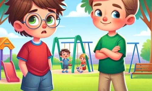 Hay dos personajes principales: Marco, un niño de 8 años con cabello castaño desordenado y gafas redondas, que lleva una camiseta roja y un pantalón corto azul. Se encuentra a la izquierda, luciendo un poco nervioso, con las manos en los bolsillos. Julián, un niño de 8 años con cabello rubio y liso, vestido con una camiseta verde y un pantalón beige, está a la derecha de Marco, con una sonrisa amigable y los brazos cruzados, listo para escuchar a su amigo. La escena tiene lugar en un patio escolar soleado, rodeado de grandes árboles con hojas verdes y una pared colorida con dibujos de niños. Al fondo, se puede ver un tobogán y columpios, añadiendo una atmósfera alegre al lugar. La situación principal muestra a Marco confesando a Julián que ha mentido sobre un juguete imaginario. Marco parece preocupado, mientras que Julián, con una mirada comprensiva, le sonríe para mostrarle que la amistad es más importante que las mentiras.