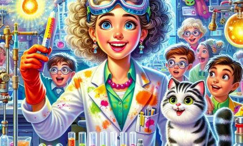Giulia, una donna dal sorriso splendente e dai capelli ricci, è immersa nel suo laboratorio pieno di gadget strani. Indossa un camice da scienziata macchiato di vernice e occhiali protettivi sulla fronte, mostrando un'espressione di eccitazione e determinazione. Accanto a lei, Argo, un gatto dagli occhi scintillanti e dal pelo striato, si trova su un tavolo, curioso dell'invenzione che brilla davanti a lui. Sullo sfondo, un gruppo di vicini, tra cui un ragazzo di 10 anni con un cappellino rosso e una ragazza di 8 anni con due trecce, osserva con occhi spalancati, impazienti di vedere la magia in azione. Il laboratorio è un luogo caotico e colorato, pieno di macchine ronzanti, provette multicolori e fogli sparsi, dove bolle di sapone fluttuano nell'aria. La scena principale mostra Giulia mentre testa il suo 