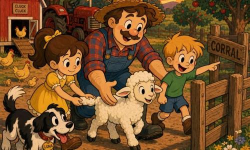 Un agricultor sonriente y sereno, rostro redondo, bigote fino, piel clara y cabello castaño despeinado, con camisa de cuadros roja y azul, peto vaquero y botas de goma, agachado guiando con la mano una pequeña oveja blanca de lana rizada; a su izquierda una niña de 7 años con coleta, tímida pero curiosa, vestido amarillo y botines, sujetando la pata de la oveja; a su derecha un niño de 6 años rubio y risueño con camiseta verde y pantalón corto señalando el camino; la perra Luna mediana, negra con manchas blancas, menea la cola junto a las botas del agricultor; al fondo un gallinero rojo con gallinas amarillas, un viejo tractor rojo a la sombra y un huerto de manzanos con manzanas rojas; camino de tierra con hierba, flores y huellas; cielo al crepúsculo en tonos naranja y rosa, luz cálida rasante, sombras suaves; escena centrada y legible de los niños y el agricultor guiando la oveja hacia el corral de madera, gestos calmados, cooperación visible, expresiones amables, colores saturados, contornos negros gruesos, estilo cartoon retro y muy expresivo para niños.