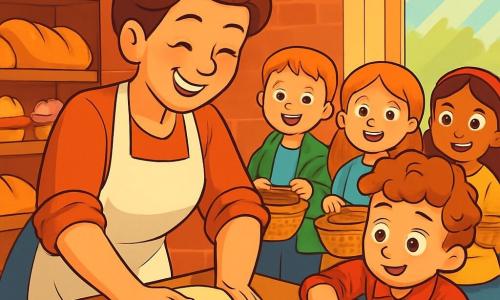 Una donna panettiera, Lucia, sorridente e calorosa, con i capelli castani raccolti in uno chignon, indossa un grembiule bianco e ha le maniche arrotolate. Sta impastando un impasto per pane su un grande piano di lavoro in legno, con le mani coperte di farina e il viso che esprime gioia e concentrazione. Accanto a lei, un ragazzo di circa 8 anni, curioso ed entusiasta, con i capelli ricci e una camicia a quadri, osserva attentamente e cerca di riprodurre i suoi gesti. Un gruppo di tre bambini, due ragazze e un ragazzo, di età compresa tra 7 e 9 anni, si trova sullo sfondo, meravigliato, con occhi rotondi e sorrisi luminosi, mentre tiene piccoli cestini di vimini. La scena si svolge in una panetteria accogliente, con muri in mattoni rossi e scaffali in legno pieni di pani dorati e pasticcini colorati. I raggi di sole filtrano attraverso la vetrina, illuminando la stanza con una luce dolce e accogliente. Lucia mostra ai bambini come impastare la pasta, mentre l'odore del pane caldo riempie l'aria, creando un'atmosfera gioiosa e conviviale.