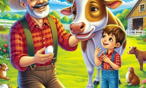 Don Julián, un hombre de mediana edad con una amplia sonrisa y un sombrero de paja, se encuentra en medio de su granja, rodeado de sus animales. Lleva una camisa a cuadros rojos y pantalones de tela, acariciando a una vaca dulce y cariñosa que está a su lado, mostrando una expresión de felicidad. Nico, un niño de unos 8 años con el pelo castaño despeinado y ojos brillantes de curiosidad, está justo al lado de Don Julián. Mira con asombro a la vaca, sosteniendo un huevo fresco en sus manos, con gran alegría en su rostro. La escena transcurre en un campo verde, bañado por la luz dorada del sol poniente, con árboles frutales en flor y un cielo azul salpicado de nubes blancas. Al fondo, se ve el granero y un jardín colorido lleno de verduras y flores. La situación principal muestra a Don Julián y Nico compartiendo un momento de complicidad y aprendizaje, mientras descubren juntos la belleza de la vida en la granja, rodeados de animales felices y una naturaleza deslumbrante.