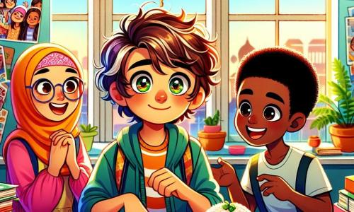A 12-year-old boy, Liam, with wavy brown hair and sparkling eyes, curiously looks at an open book on a table. He has a hesitant smile but also a glimmer of excitement in his eyes. Next to him, Aisha, a 12-year-old girl wearing a colorful hijab, flips through a photo album filled with drawings. She has a joyful and encouraging expression. Mateo, a 12-year-old boy with black hair and tanned skin, sits across from them, holding a plate of feijoada, with a big smile on his face. The scene takes place in a bright classroom decorated with colorful posters about diversity and flags from around the world. Sunlight streams through the windows, illuminating the children's faces. Liam, Aisha, and Mateo enthusiastically discuss their respective cultures, sharing stories and typical dishes, creating a moment of discovery and friendship.