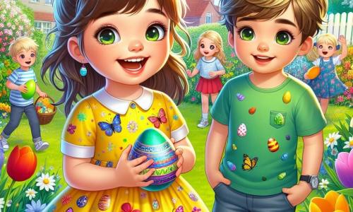 A 6-year-old girl named Lily stands in the center of the image, with a big joyful smile on her face. She wears a pretty yellow dress adorned with small colorful butterflies, and her brown hair is styled in two pigtails. Her eyes shine with excitement as she holds a colored egg in her hands. Next to her is Max, a 6-year-old boy with messy blond hair and a green t-shirt. He looks at Lily with a delighted smile, holding a green egg in his hand, slightly leaning forward as if ready to show her his find. In the background, the school garden is filled with bright flowers of all colors: red tulips, white daisies, and yellow daffodils. The sky is a bright blue, dotted with fluffy white clouds, and the trees are in bloom, adding a touch of magic to the scene. The main situation shows Lily and Max in the middle of an egg hunt in the garden, surrounded by their classmates who are also searching for hidden eggs. The atmosphere is joyful and festive, filled with laughter and discoveries, symbolizing the beauty and joy of spring.