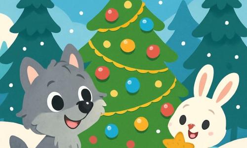 Un piccolo lupo dai peli grigi e morbidi, con grandi occhi brillanti e un sorriso gioioso, si trova davanti a un magnifico albero di Natale decorato con luci scintillanti e palline colorate. Osserva l'albero con meraviglia e curiosità. Accanto a lui, un piccolo coniglio dal pelo bianco e setoso, con grandi orecchie e occhi brillanti, tiene un biscotto a forma di stella, mostrando un sorriso soddisfatto. La scena si svolge in una foresta incantata, coperta da uno spesso strato di neve bianca, mentre i fiocchi cadono delicatamente dal cielo azzurro. I maestosi abeti circondano l'albero di Natale, creando un'atmosfera magica e festosa. Il piccolo lupo e il coniglio scoprono insieme le sorprese di Natale, condividendo risate e dolcetti sotto l'albero illuminato, pieni di gioia ed eccitazione.