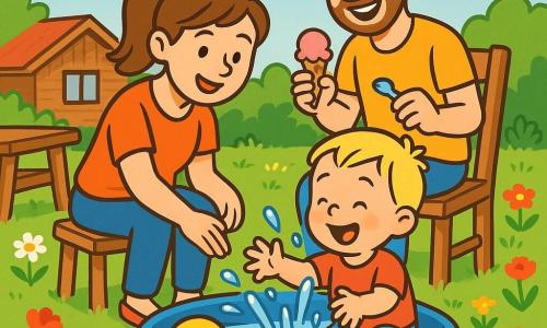 Ein fröhlicher 2-jähriger Junge mit kurzen blonden Haaren und heller Haut planscht in einem kleinen blauen Plastikplanschbecken, ein gelber Ball schwimmt daneben; die lächelnde Mutter (ca. 30) mit kastanienbraunem Pferdeschwanz sitzt auf einem Holzstuhl neben dem Becken und reicht die Hand zur Beruhigung, der lachende Vater (ca. 32) mit leichtem Bart steht hinter dem Stuhl, hält einen Löffel und ein rosa Eishörnchen und schaut den Jungen an; im Garten der Sommerhütte gemähter grüner Rasen, bunte Wildblumen (Gänseblümchen, Mohn), ein Holz­tisch und heller blauer Himmel mit wenigen weißen Wolken; die Szene zeigt glänzende Spritzer, einen kleinen Wasserstrahl, funkelnde Tropfen und eine warme, geborgene Familienatmosphäre.