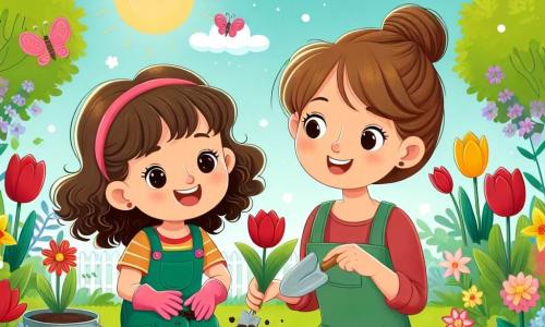Ein 10-jähriges Mädchen, Mia, mit braunen, lockigen Haaren, lächelnd und voller Energie, hockt in einem bunten Garten und pflanzt Blumen. Sie trägt eine grüne Latzhose und rosa Gartenhandschuhe, und ihr Gesicht strahlt Freude und Aufregung aus. Neben ihr beobachtet ihre Mutter, eine etwa 35-jährige Frau mit braunen, hochgesteckten Haaren, stolz, während sie einen Blumentopf und eine kleine Harke hält, bereit zu helfen. Der Garten ist ein wahres Frühlingsgemälde, gefüllt mit roten Tulpen, gelben Narzissen und üppigem Grün, unter einem hellblauen Himmel mit ein paar weißen Wolken. Vögel singen in den Bäumen, und bunte Schmetterlinge fliegen um die Blumen. Die Hauptsituation zeigt Mia und ihre Mutter, die gemeinsam arbeiten und eine kleine blühende Oase schaffen, während die Sonne scheint und die Freude und Erneuerung des Frühlings symbolisiert.