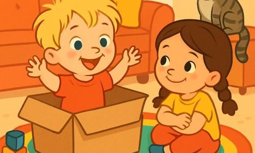Ein 2-jähriger Junge mit zerzausten blonden Haaren und schelmischen Augen sitzt in einer großen Pappbox. Er lächelt fröhlich, seine rosigen Wangen und kleinen Hände sind erhoben, als wäre er bereit zu spielen. Neben ihm sitzt seine Zwillingsschwester, ein 2-jähriges Mädchen mit geflochtenen braunen Haaren und lachenden Augen, die ihren Bruder mit einem breiten Lächeln ansieht, die Arme auf ihren Knien verschränkt. Die Szene spielt sich in einem gemütlichen Wohnzimmer ab, mit einem bunten Teppich und verstreuten Spielzeugen. Ein weiches Sofa und bunte Kissen im Hintergrund schaffen eine einladende und spielerische Atmosphäre. In dieser Hauptsituation haben der Junge und das Mädchen, begleitet von ihrer Katze Miau, Spaß daran, in ihrer Box so zu tun, als würden sie einen Zug fahren, lachen und sich gegenseitig anfeuern, während Miau, die kleine getigerte Katze, sie neugierig vom Sofarand aus beobachtet.