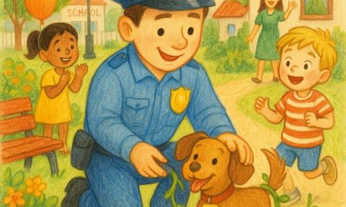 A friendly, smiling police officer with short brown hair, fair skin and a neat blue uniform kneels to gently free a small light-brown dog named Max from green vines while a blond seven-year-old boy in a red-and-white striped shirt jumps with wonder at his right and a tanned six-year-old girl with a black ponytail in a yellow dress claps holding a balloon at his left; the relieved owner, a 35-year-old woman with long chestnut hair in a green dress, calls the dog near a small white house in a sunny park with mown grass, flowering bushes, a beige gravel path, a red wooden bench, a vintage lamppost and a school with a white fence in the background, rendered in warm, bright colors with soft features and colored-pencil texture.