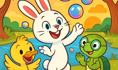 Rufus, un pequeño conejo de grandes orejas y pelaje blanco brillante, está en el centro de la imagen, con una sonrisa traviesa y ojos chispeantes de emoción. Está haciendo malabares con burbujas de jabón multicolores que flotan a su alrededor, creando un ambiente alegre y lúdico. A su derecha, Tula, una tortuga con un caparazón verde brillante y gafas redondas, mira a Rufus con asombro y risa, levantando sus patas delanteras como si aplaudiera. A la izquierda, Pipo, un pato de plumas amarillas brillantes, se agita tratando de atrapar las burbujas con su pico, mostrando una expresión alegre y entusiasta. El decorado es un lago encantado, rodeado de flores coloridas que bailan al ritmo del viento, con nenúfares flotantes y árboles de troncos torcidos, todo bañado en la luz dorada del sol poniente. La escena principal muestra a Rufus, Tula y Pipo en plena fiesta, rodeados de burbujas de jabón brillantes, celebrando su amistad y la magia del momento.