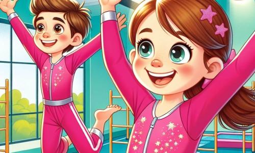 O fată de 8 ani, Ana, cu părul lung castaniu și ochi strălucitori de bucurie, poartă un costum de gimnastică roz aprins decorat cu stele argintii. Ea sare cu entuziasm pe o trambulină, fața ei radiind de fericire și determinare. Lângă ea, un băiat de 8 ani, Rareș, cu părul ciufulit și un zâmbet timid, o încurajează ridicând brațele, pregătit să facă propriul salt. Se află într-o sală de gimnastică luminoasă, cu saltele colorate, bare paralele și oglinzi care le reflectă energia. Scena surprinde momentul în care Ana și Rareș se antrenează împreună, împărtășind râsete și complicitate, ilustrând bucuria prieteniei și a sportului.
