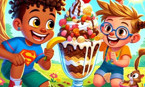 An 8-year-old boy, Max, with curly, messy hair, smiles with sparkling eyes. He wears a superhero t-shirt and colorful shorts, holding a banana in one hand, ready to add it to a huge sundae. Next to him, Lilly, an 8-year-old girl with big glasses and braids, laughs while holding a spoonful of melted ice cream. Sam, an 8-year-old boy with gum in his mouth, sits on the grass surrounded by bowls and toppings, blowing a giant bubble. The scene takes place in a sunny park with a large twisted tree, colorful flowers, and a bright blue sky. The main focus shows the friends making a giant sundae, laughing as a squirrel sneaks up to steal a banana.