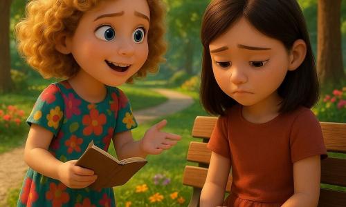 A 10-year-old girl named Lily, with curly golden hair and sparkling curious eyes, stands in the center of the image. She wears a colorful dress with floral patterns, and her face expresses joyful determination as she holds a small notebook in her hands. Next to her, another girl, Emily, aged 9, has smooth brown hair and a sad look. She is sitting on a bench with slumped shoulders, holding a small wooden train, with a regretful expression on her face. The setting is a sunny park with lush trees, vibrant flowers, and a gravel path winding through the landscape. In the background, there is a small colorful toy shop with a sign reading "Mr. Jenkins' Toy Store." The main situation shows Lily, with a determined look, questioning Emily about the wooden train she took, while Emily, visibly embarrassed, looks down, surrounded by the peaceful atmosphere of the park.
