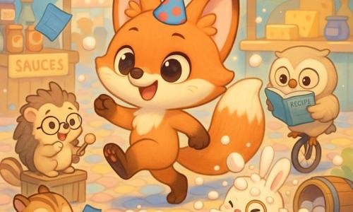 A chibi fox with bright orange fur, a very bushy tail, pointed nose and a joyful, mischievous expression wearing a feathered party hat that sings, taking an exaggerated giant step with one paw raised and tail held like a banner; a small hedgehog judge with soft rounded spines and round glasses, delighted and admiring, perched on a wooden crate holding a small handmade bell; a white rabbit with a monocle, covered in sticky marshmallow, surprised and sneezing in front of an overturned barrel of marshmallows; an owl on a unicycle with cream feathers, focused but amused, reading a recipe book upside down and rolling behind the fox; a cheeky chipmunk with a striped tail grinning and tossing a blue flyer to the fox’s left; all in a colorful cobbled market square with pastel-painted wooden stalls, string lights, singing sauces and cheeses, bouncing blueberry tubs and barrels labeled marshmallows in a surreal, graphic setting; the main scene shows a parade of giant steps led by the chibi fox as marshmallows rain down softly on laughing, rolling townsfolk, playful mood, bright colors and rounded shapes, composition centered on the fox in action.