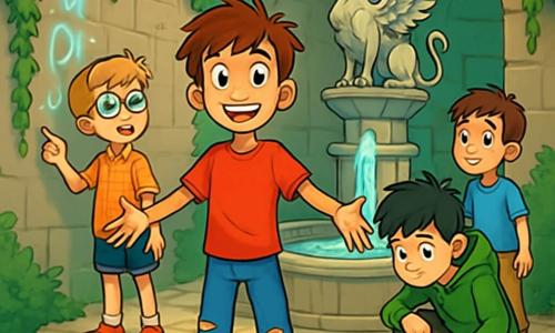 There are four children: - Liam: A 12-year-old boy with messy brown hair and sparkling curious eyes. He wears a red t-shirt and ripped jeans, standing in the center with his arms outstretched and an enthusiastic smile. - Oliver: An 11-year-old boy with blonde hair and round glasses. He is dressed in a checkered shirt and blue shorts, standing slightly back to the left, pointing at a mysterious inscription on the wall. - Max: A 12-year-old boy with black hair and freckles. He wears a green hoodie and worn sneakers, crouching to the right, examining an old book open on the ground. - Ethan: An 11-year-old boy with brown hair and bright eyes. He is dressed in a light blue t-shirt and beige pants, standing behind Liam, watching the group with a look of wonder. The main setting is a secret courtyard surrounded by tall stone walls covered in vibrant green ivy. In the center, an ancient stone fountain adorned with a majestic griffin spills sparkling water into a mosaic pool. Soft light emanates from glowing runes engraved on the walls, creating a magical and mysterious atmosphere. The main situation shows the four friends discovering this enchanting place, their faces lit up with curiosity and excitement as they prepare to enter a grand hall filled with fantastic creatures, ready for an incredible adventure.