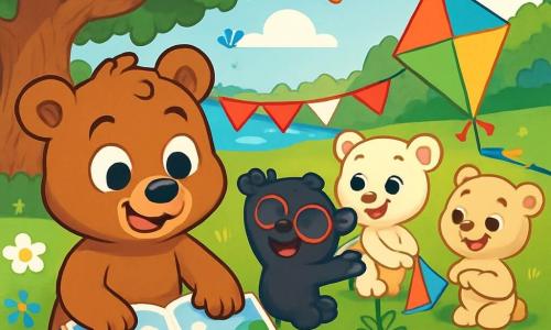 Un giovane orso bruno di nome Tobia, con occhi brillanti di curiosità e un ampio sorriso, è in piedi su un prato verde, circondato da fiori colorati. Tiene un grande libro illustrato aperto davanti a sé, con le zampe sulle pagine, mentre osserva con meraviglia le immagini di paesaggi estivi. Accanto a lui, il suo migliore amico, un piccolo orso nero di nome Leo, con occhiali tondi e pelo lucido, salta di gioia con le braccia alzate, mostrando un sorriso radioso. Più in là, due altri orsetti, un'orsa bianca di nome Giulia e un orsetto maculato di nome Lino, ridono insieme mentre preparano aquiloni colorati, i loro volti illuminati dall'eccitazione. Lo scenario è un incantevole giardino soleggiato, con una grande quercia dal fogliame denso, farfalle che svolazzano e un cielo blu punteggiato di nuvole bianche. In fondo, un piccolo lago scintilla sotto i raggi del sole, aggiungendo un tocco di magia alla scena. La situazione principale mostra Tobia e i suoi amici intenti a pianificare una festa estiva, circondati da frutta fresca e decorazioni colorate, pronti a vivere un'avventura indimenticabile piena di risate e scoperte.