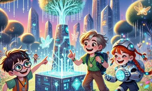 In einem futuristischen Park sind drei Kinder versammelt: Max, ein 10-jähriger Junge mit zerzausten braunen Haaren und runden Brillen, lächelt fröhlich, während er ein kleines holographisches Gerät hält. Neben ihm zeigt Leo, ein weiterer 10-jähriger Junge mit blonden Haaren und funkelnden Augen, auf einen Baum mit leuchtenden Blättern. Schließlich lacht Sam, ein 10-jähriges Mädchen mit roten Haaren und Zöpfen, während sie eine glänzende Medaille um ihren Hals hält. Sie stehen in der Nähe einer großen, schimmernden Metallstruktur, umgeben von bunten Blumen, die im sanften Wind zu tanzen scheinen. Der Park ist voller lebendiger Farben, mit silbernen Baumstämmen und strahlenden Blumen. Kleine fliegende Roboter, die Schmetterlingen ähneln, schweben um sie herum und verteilen Snacks an die fröhlich spielenden Kinder. Im Hintergrund funkeln futuristische Wolkenkratzer im Sonnenuntergang und schaffen eine magische Atmosphäre. Die Hauptsituation zeigt die Kinder, die ein Rätsel lösen: Sie suchen nach verlorenen Energiezellen, um den Robotern im Park zu helfen, während sie Spaß haben und über die Umwelt lernen. Die Gesichter der Kinder sind voller Aufregung und Entschlossenheit, während sie diese wunderbare Welt erkunden.