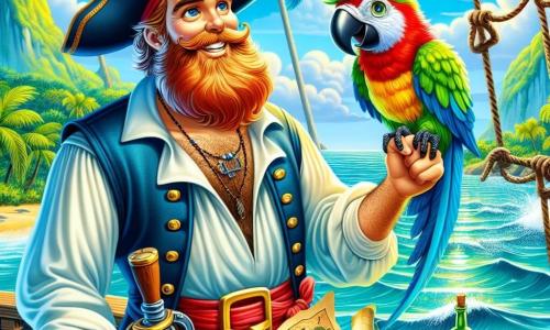 Un bărbat, căpitanul Bartolomeu, stă mândru pe puntea corvetei sale, cu o barbă roșie strălucitoare și un zâmbet mare de determinare pe față. Poartă o cămașă albă cu mâneci bufante, o vestă albastră închisă și un curea lată din piele, în timp ce o pană albastră dansează pe capul său. Lângă el, Pip, o papagal colorat cu pene verzi și galbene, se agață de umărul său, având ochii strălucind de entuziasm, repetând fraze amuzante. Mai departe pe punte, Dinu, un băiat de 10 ani cu părul brun zbârlit și un bandană roșie, privește cu uimire o hartă a comorii, cu mâinile tremurând de entuziasm. Fundalul este o mare turcoaz strălucitoare sub un cer însorit, cu valuri blânde care se sparg de carena navei. În fundal, insule verzi se conturează la orizont, marginate de palmieri. Situația principală arată cum Bartolomeu și echipajul său descoperă o sticlă misterioasă plutitoare, cu o hartă veche în interior, care anunță o mare aventură viitoare.