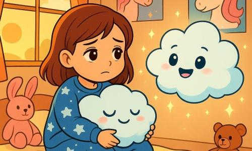 A little girl with chestnut hair, wearing a blue star-patterned pajama, is sitting on her bed with a sad yet dreamy expression. She holds a soft, fluffy cloud-shaped blanket that wraps around her like a comforting hug. Beside her, a smiling cloud named Fluff floats joyfully, with sparkling eyes and a friendly expression, ready to take her to a magical world. In the corner of the room, a window lets in golden sunlight, illuminating colorful toys scattered on the floor. The room is decorated with unicorn posters and stuffed animals, creating a warm and inviting atmosphere. The main scene shows the little girl and her cloud preparing for an adventure, with twinkling stars beginning to appear around them, symbolizing the magic about to envelop them.