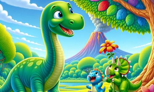 Dino, diplodocus z długą szyją i radosnym uśmiechem, stoi w centrum sceny, otoczony jasnymi zielonymi liśćmi. Jego łuski są w delikatnym zielonym odcieniu, a długa szyja wznosi się ku niebu, gdy z zachwytem spogląda na duże drzewo pełne kolorowych liści. Po jego prawej stronie stoi Stego, dinozaur o zielonej skórze i romboidalnych płytkach na grzbiecie, wskazujący na piękny kwiat rosnący w pobliżu wody. Po lewej stronie skacze radośnie Trixi, mały triceratops z trzema ostrymi rogami i różową skórą, z błyszczącymi oczami pełnymi ekscytacji. Tło to rozległa zielona łąka, usiana kolorowymi kwiatami, z dymiącym wulkanem w tle, wydobywającym delikatną mgłę. Scena ukazuje Dine i jego przyjaciół bawiących się razem, odkrywających nowe otoczenie, pełne radości i przygód.