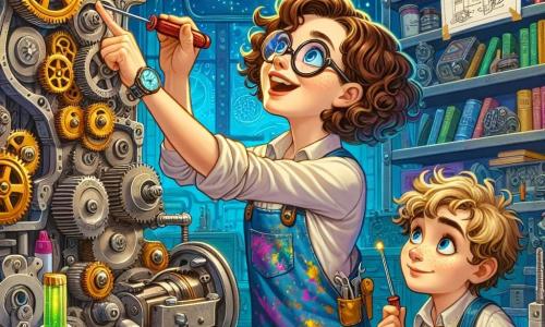 Clara, una mujer inventora con cabello castaño rizado y gafas redondas, sonríe entusiasmada mientras ajusta engranajes brillantes en una máquina compleja. Lleva una bata de trabajo azul manchada de pintura y pequeños herramientas colgadas de su cinturón, mostrando su lado creativo y apasionado. A su lado, Samuel, un niño de unos 10 años con cabello rubio despeinado y ojos llenos de curiosidad, observa atentamente. Sostiene un destornillador en una mano y señala un esquema dibujado en una hoja con la otra, listo para ayudar a Clara en su proyecto. Su taller es un lugar mágico, lleno de piezas de metal, bocetos coloridos en las paredes y luces centelleantes que iluminan el espacio. Estanterías repletas de libros sobre invenciones y herramientas variadas crean una atmósfera de exploración y creatividad. La escena muestra a Clara y Samuel trabajando juntos en su invención, el PlantaRápido 3000, una máquina futurista que ayuda a las plantas a crecer. Plantas verdes y exuberantes rodean su espacio de trabajo, y la emoción del descubrimiento se refleja en sus rostros.