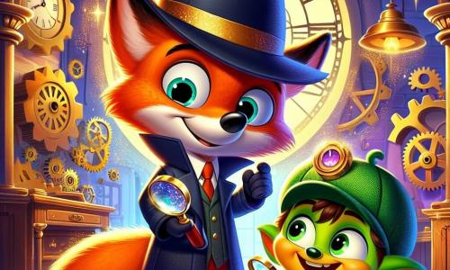Un zorro detective, llamado Félix, con un pelaje naranja brillante y un gran sombrero negro, observa con curiosidad y determinación. Sus ojos brillan de emoción mientras sostiene una lupa reluciente en su pata. A su lado, un pequeño duende con un sombrero demasiado grande, piel verde y ojos chispeantes, sonríe traviesamente, mostrando que está listo para ayudar. La escena se desarrolla en una torre de reloj adornada con engranajes dorados y luces centelleantes, donde los engranajes giran suavemente de fondo. La habitación está llena de magia, con chispas en el aire y sombras danzantes. Félix y el duende están frente a un gran reloj de madera, que está detenido, creando una atmósfera de misterio. La situación principal muestra a Félix y el duende explorando la torre, buscando pistas para resolver el misterio del tiempo detenido, rodeados de un ambiente encantado e intrigante.