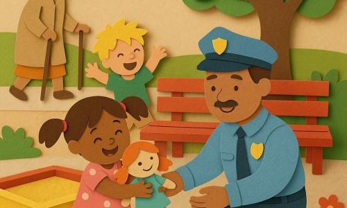Un policía sonriente y amable, de rostro redondo y bigote fino, se arrodilla para entregar suavemente una muñeca de trapo a una niña de 4 años con coletas y vestido rosa de lunares, sonriente y abrazando la muñeca; a la izquierda un niño de 6 años rubio aplaude saltando; al fondo una abuela de unos 70 años con moño y bastón camina por la acera; parque con banco de madera rojo, árbol de hojas verdes, arenero amarillo, flores estilizadas rojas y azules y suelo de piedra clara; escena centrada y clara, colores vivos, formas simples y redondeadas, contornos tipo papel rasgado y luz cálida y suave.