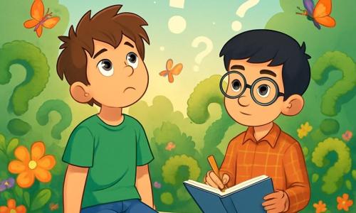 Hay 2 personajes principales: Elías, un niño de 12 años con cabello castaño desordenado y ojos brillantes de curiosidad, que lleva una camiseta verde y un pantalón corto de mezclilla, y Mateo, un niño de 12 años con cabello negro y gafas redondas, que viste una camisa de cuadros rojos y un pantalón beige. El lugar de la escena es un jardín mágico lleno de flores coloridas y arbustos en forma de signos de interrogación. Mariposas de alas brillantes vuelan a su alrededor, y en el centro, un viejo banco de piedra está rodeado de luz suave, creando una atmósfera pacífica y soñadora. La situación principal muestra a Elías y Mateo sentados en el banco, contemplando un jardín donde las preguntas flotan en el aire como burbujas de jabón. Elías mira al cielo mientras Mateo escribe en su cuaderno, ambos reflexionando sobre el significado de la vida, rodeados de la belleza y los misterios de la naturaleza.