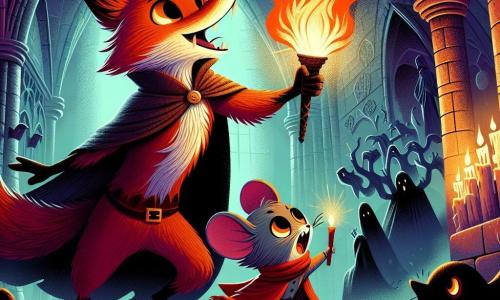 Ein roter Fuchs, Felix, mit glänzendem Fell und schelmischen Augen, steht mutig im Zentrum einer dunklen Kathedrale, sein Gesicht strahlt Entschlossenheit aus. Er hält eine lebendige Flamme einer Fackel in einer Pfote, die seine Umgebung erhellt. An seiner Seite singt eine kleine graue Maus namens Mia, mit großen ausdrucksvollen Augen und einem kleinen roten Schal, leidenschaftlich, ihr Gesicht strahlt Hoffnung aus. Der Ort ist eine alte Kathedrale mit hohen gewölbten Decken, von der Zeit abgenutzten Steinmauern und tanzenden Schatten, die durch das Licht der Fackel entstehen. Mysteriöse Statuen stehen in den Ecken und verleihen eine Atmosphäre von Magie und Geheimnis. Die Hauptsituation zeigt Felix und Mia, die sich einem riesigen dunklen Wolkenwesen, einem Schattenwesen, stellen, das sich windet und zischt, während sie ihre Kräfte vereinen, um die Dunkelheit mit dem Licht ihres Mutes zurückzudrängen.