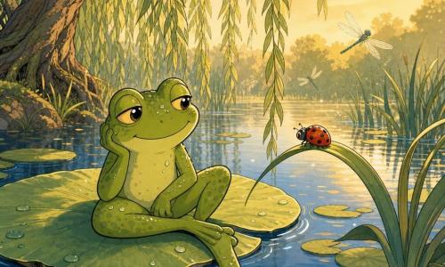 A small frog named Fern with bright moss-green skin and golden eyes sits relaxed and smiling on a large floating lily pad, one leg tucked and the other dipping into the blue-glass pond; Fern looks curious and serene with half-closed lids, a slight smile and a few droplets on her glossy skin. A tiny bright-red ladybug with black spots perches on a nearby blade of grass facing Fern. In the background, a weeping willow’s long green branches touch the water and its knotted trunk is visible on the left bank; dark green round lily leaves, thin reeds and translucent dragonflies sparkle in the late-afternoon golden light as Fern learns patience watching the ladybug, creating a peaceful inviting atmosphere.