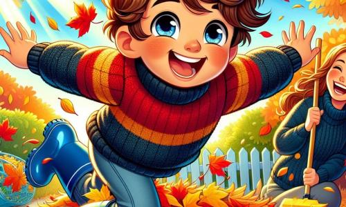 A 12-year-old boy with curly brown hair, smiling with sparkling eyes, is jumping into a large pile of autumn leaves in vibrant red, orange, and yellow colors. He is wearing a thick blue sweater and rubber boots, with cheeks flushed from excitement. Nearby, his mother, a woman around 35 with long brown hair, is laughing while holding a rake, surrounded by scattered leaves, ready to join her son in the fun. The setting is a lush garden with trees displaying fiery foliage, a clear blue sky, and sunlight filtering through the branches. The scene captures the joy of autumn, with the boy laughing and leaves swirling around him while his mother watches him affectionately.