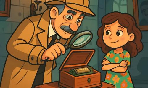 Een inspecteur, een man van ongeveer vijftig jaar met een grijs snorretje en een beige trenchcoat, kijkt aandachtig naar een oud houten muziekinstrument op een tafel. Zijn gezicht vertoont concentratie en intrige, zijn ogen stralen nieuwsgierigheid uit. Naast hem staat een tienjarig meisje, Lisa, met bruin, krullend haar, dat gefascineerd toekijkt met haar armen gekruist en een lichte glimlach op haar lippen. Ze draagt een kleurrijke bloemenjurk en rubberen laarzen. De setting is een oude villa met grijze stenen muren, versierd met stoffige schilderijen en smeedijzeren kroonluchters. Het gedimde licht valt door kanten gordijnen en creëert een mysterieuze, licht onheilspellende sfeer. De hoofdactie toont de inspecteur die de muziek onderzoekt, terwijl Lisa vol enthousiasme vragen stelt over de verdwijning van het waardevolle object. Schaduwen dansen op de muren en voegen een vleugje spanning toe aan deze intrigerende scène.