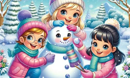 Tre amiche felici si trovano in un giardino innevato. Sofia, una ragazza di 8 anni con capelli biondi e occhi vivaci, indossa una giacca rosa e un berretto blu. È accucciata mentre forma una palla di neve. Accanto a lei, Giulia, una ragazza di 9 anni con capelli castani e occhiali rotondi, sorride mentre tiene un'altra palla di neve, pronta a lanciarla. Infine, Chiara, una ragazza di 8 anni con capelli neri, è seduta sulla sua sedia a rotelle, indossando una sciarpa colorata, mentre disegna forme nella neve con un bastone. Il giardino è un paesaggio incantevole, coperto da uno spesso strato di neve scintillante sotto il sole invernale. Gli alberi con i rami carichi di neve si ergono sullo sfondo, mentre fiocchi di neve cadono dolcemente dal cielo azzurro. Le tre amiche si divertono a creare un grande pupazzo di neve, circondate dai loro disegni colorati tracciati nella neve, che illustrano la magia dell'inverno e l'amicizia che le unisce.