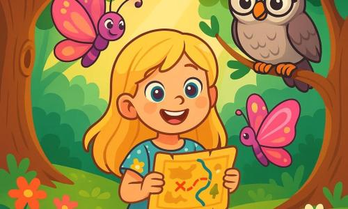 Una bambina di 6 anni, di nome Stella, con lunghi capelli biondi e occhi azzurri, si trova al centro dell'immagine, radiosa di curiosità e meraviglia. Indossa un vestito leggero a fiori e tiene in mano una mappa magica, il suo viso illuminato da un sorriso gioioso. Accanto a lei, una farfalla colorata di nome Flora, con ali scintillanti nei toni del rosa e del viola, vola graziosamente attorno a Stella, aggiungendo un tocco di magia alla scena. Un vecchio gufo saggio, Orazio, con piume grigie e occhiali tondi, è posato su un ramo vicino, osservando le due amiche con uno sguardo benevolo. Il contesto è un magnifico bosco incantato, pieno di alberi con tronchi spessi e foglie verdi brillanti, mentre fiori colorati tappezzano il suolo. Un dolce raggio di sole filtra tra i rami, creando un'atmosfera calda e accogliente. La situazione principale mostra Stella, piena di entusiasmo, pronta a iniziare la sua avventura verso la Terra della Verità, circondata dai suoi amici, tutti impazienti di scoprire le meraviglie che li aspettano.