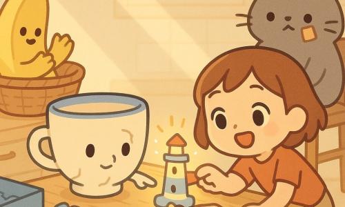 El personaje principal es una taza de porcelana color crema con liseré azul y una fina fisura en forma de sonrisa, mirada concentrada y amable, señalando delicadamente una pieza de puzzle azul sobre una mesa de madera clara; Alba, niña humana de unos 12 años, pelo castaño corto y expresión alegre y aliviada, está agachada junto a la mesa sosteniendo la pieza del faro lista para encajar; Don Plátano, una banana antropomórfica amarilla con una mancha marrón, divertido y orgulloso, aplaude desde una cesta de frutas a la izquierda; Nube, un gato gris y regordete con un trocito de cartón en el bigote, sentado en una silla detrás de Alba observa la escena; la cocina es cálida con rayos de sol oblicuos, migas, caja de puzzle abierta y piezas dispersas, un libro gordo al lado y un cajón entreabierto; momento del 