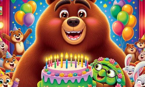 Un gran oso pardo llamado Bruno, con una cálida sonrisa y ojos brillantes de alegría, se encuentra en el centro de una sala de cine decorada con guirnaldas coloridas y globos. Lleva un pequeño sombrero de fiesta y sostiene un gran pastel de cumpleaños decorado con velas centelleantes. A su lado, una vieja tortuga de caparazón verde adornado con flores coloridas, la abuela Tortuga, expresa una inmensa sorpresa y alegría, con los ojos muy abiertos y una gran sonrisa en su rostro. Ella está rodeada de sus amigos, como una familia de conejos de grandes orejas que saltan de alegría, y un sabio búho con gafas redondas, que sonríe orgullosamente sosteniendo un cartel que dice 