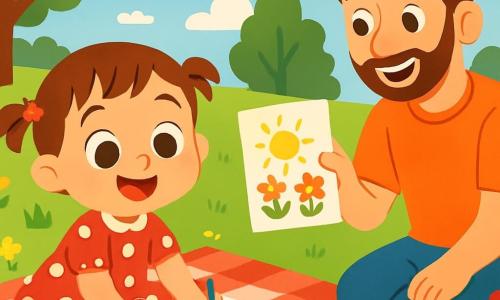 Ein kleines Mädchen von 2 Jahren, Lina, mit großen leuchtenden Augen und einem strahlenden Lächeln, trägt ein rotes Kleid mit weißen Punkten. Sie sitzt auf einer Picknickdecke, umgeben von bunten Spielzeugen, und malt mit Buntstiften. Neben ihr ermutigt ihr Papa, ein lächelnder Mann von etwa 30 Jahren mit braunen Haaren und einem leichten Bart, sie, indem er eine Zeichnung hält. Etwas weiter weg bereitet ihre Mama, eine sanfte Frau von etwa 28 Jahren mit langen blonden Haaren, ein Picknick mit Obst und Keksen vor. Der Ort ist ein schöner sonniger Park, voller bunter Blumen und grüner Bäume, mit einem klaren blauen Himmel und einigen weißen, bauschigen Wolken. Die Hauptsituation zeigt Lina, die glücklich Blumen und Sonnen malt, umgeben von ihrer Familie, und einen fröhlichen, sonnigen Sommertag genießt.